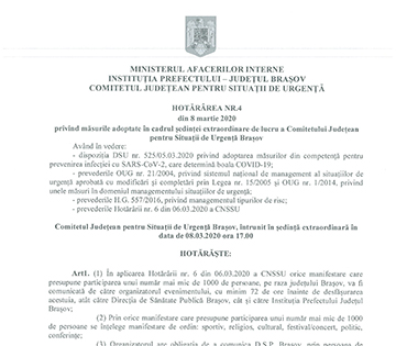 HOTĂRÂREA nr 5 din 09.03.2020 a CJSU Brașov, privind măsurile adoptate în legătură cu prevenirea răspândirii Coronavirus
