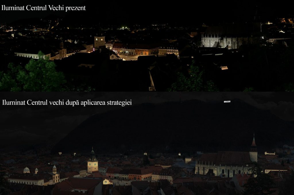 Panoramă a Centrului vechi,  cu iluminatul prezent și cel ce se poate obține după aplicarea strategiei